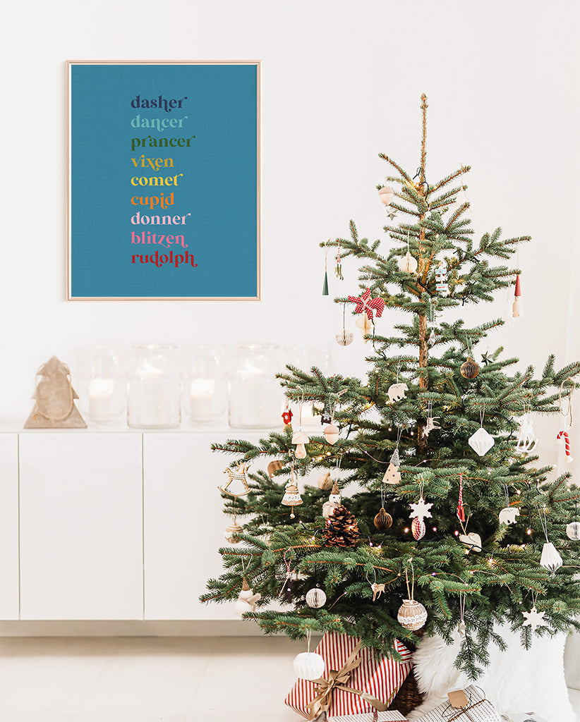 Colorful Reindeer Names on Blue Background Art Print