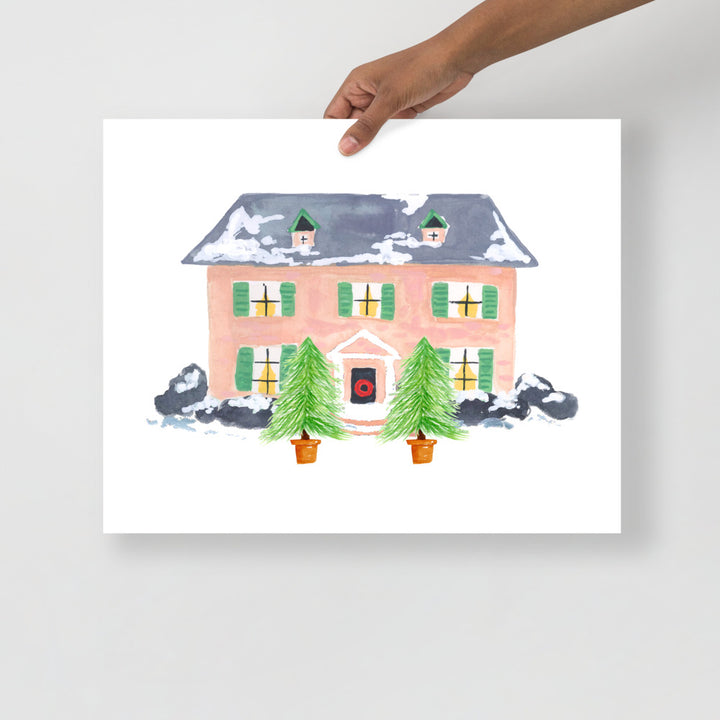 Winter Christmas Watercolor Art Print: Pink House
