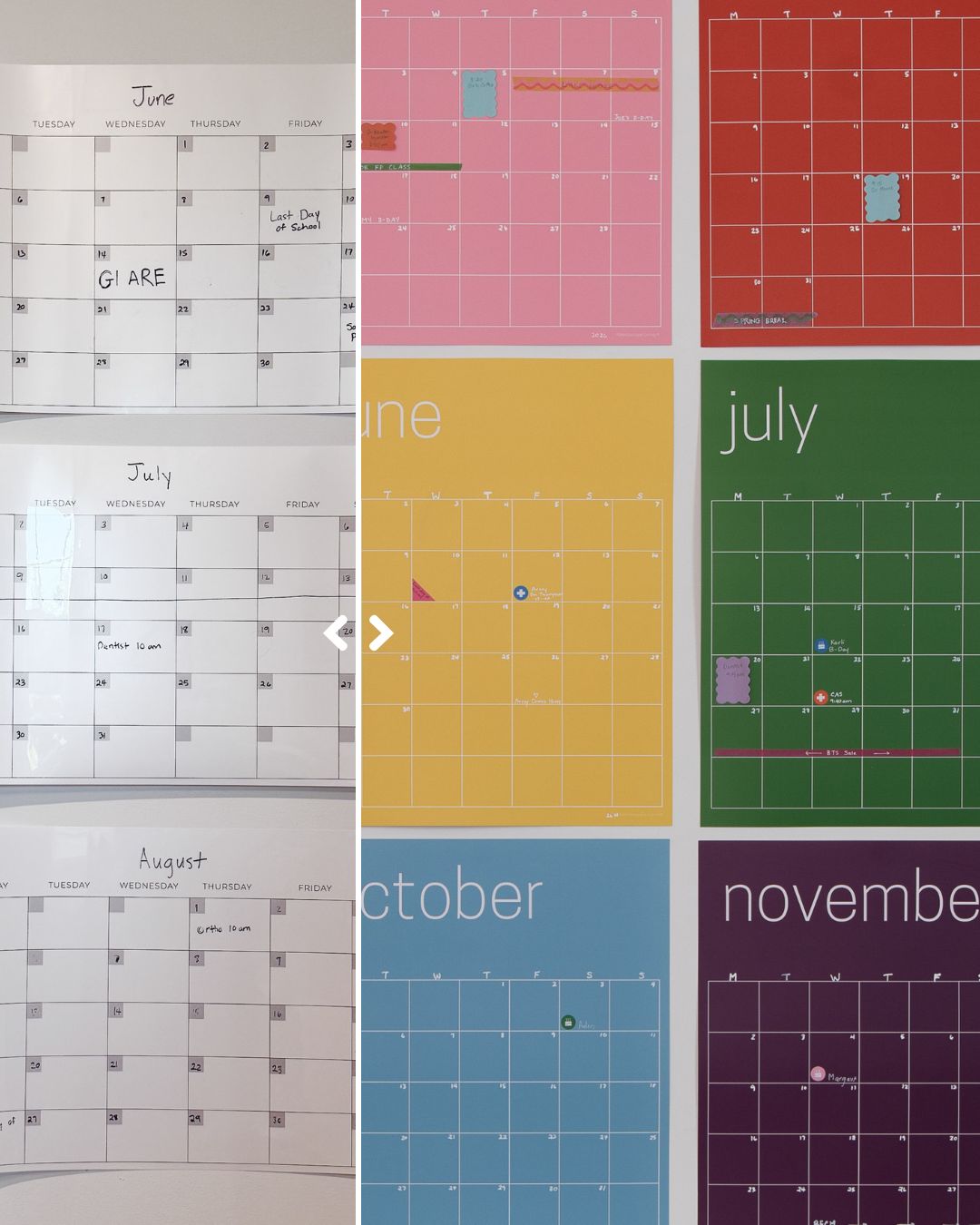 Side-by-side comparison of plain black-and-white dry-erase monthly calendars and colorful monthly erasable and reusable wall calendars with a matte finish