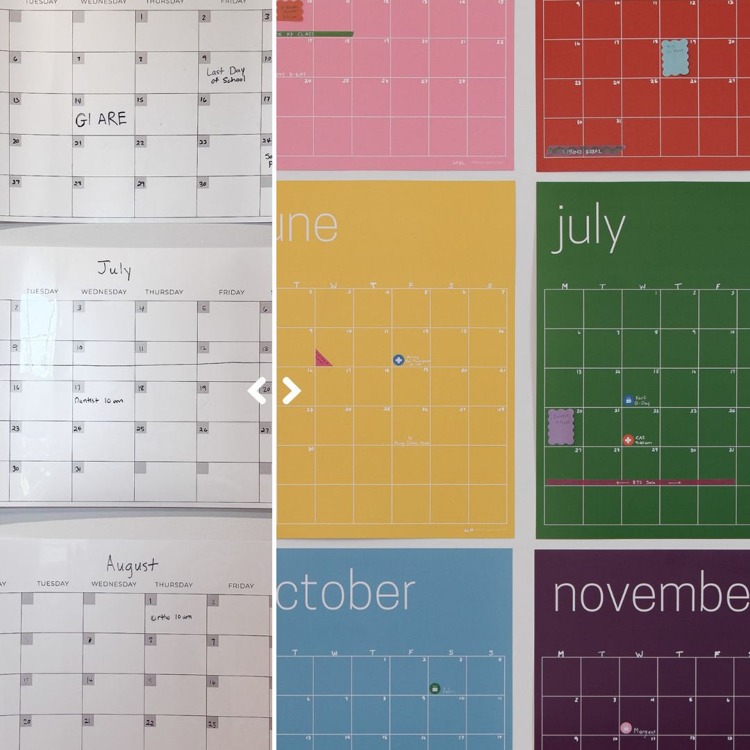 Side-by-side comparison of plain black-and-white dry-erase monthly calendars and colorful monthly erasable and reusable wall calendars with a matte finish