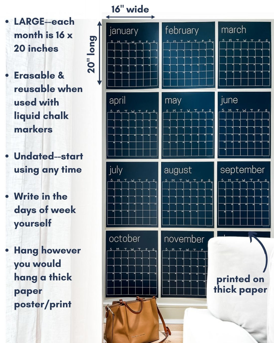 features of large erasable navy blue wall calendar from Kaleidoscope Living