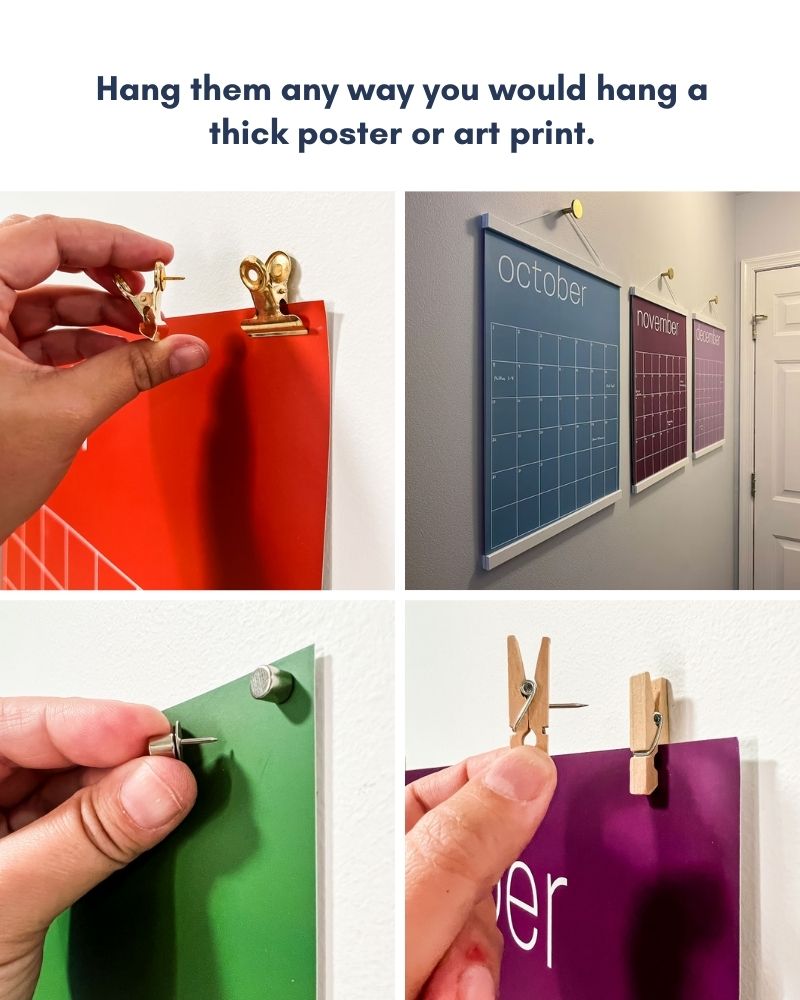 Collage of four pictures showing how the rainbow wall calendar from Kaleidoscope Living can be hung in multiple ways.