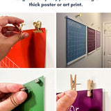 a grid of 4 images showing different options for hanging large wall calendar in rainbow spectrum hues from Kaleidoscope Living with text overlay that reads "Hang them any way you would hang a thick poster or art print."