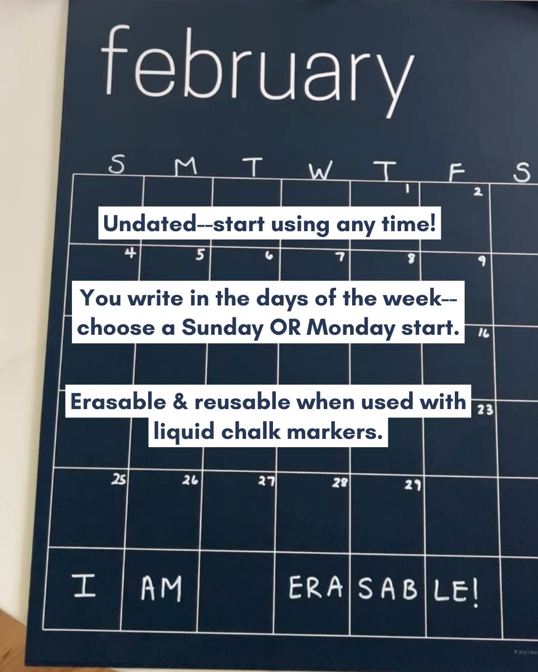 features of large erasable navy blue wall calendar from Kaleidoscope Living