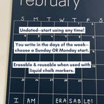 features of large erasable navy blue wall calendar from Kaleidoscope Living