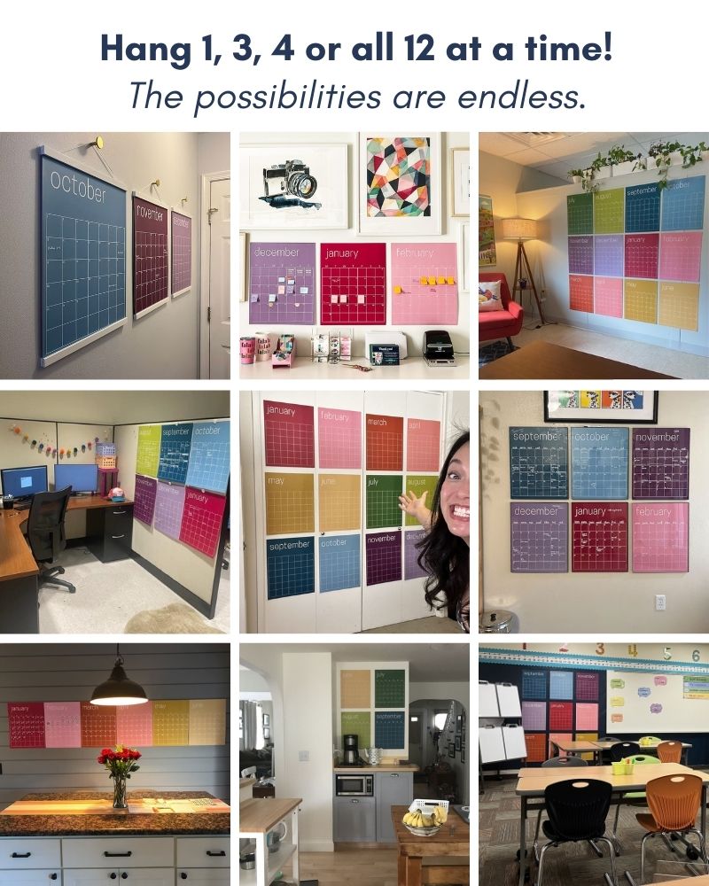 grid of 9 photos showing hanging layout options for large reusable rainbow wall calendar from Kaleidoscope living with text overlay that reads "Hang 1, 3, 4 or all 12 at a time. The possibilities are endless."