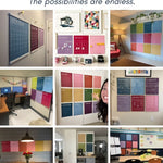 grid of 9 photos showing hanging layout options for large reusable rainbow wall calendar from Kaleidoscope living with text overlay that reads "Hang 1, 3, 4 or all 12 at a time. The possibilities are endless."