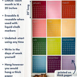image with text overlay listing features of reusable large rainbow spectrum wall calendar from Kaleidoscope Living