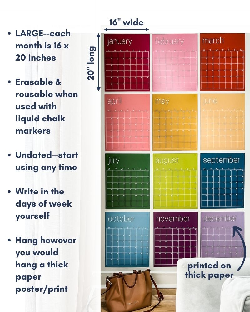 Marketing image displaying the features of the large rainbow reusable wall calendar from Kaleidoscope Living.