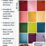 Marketing image displaying the features of the large rainbow reusable wall calendar from Kaleidoscope Living.