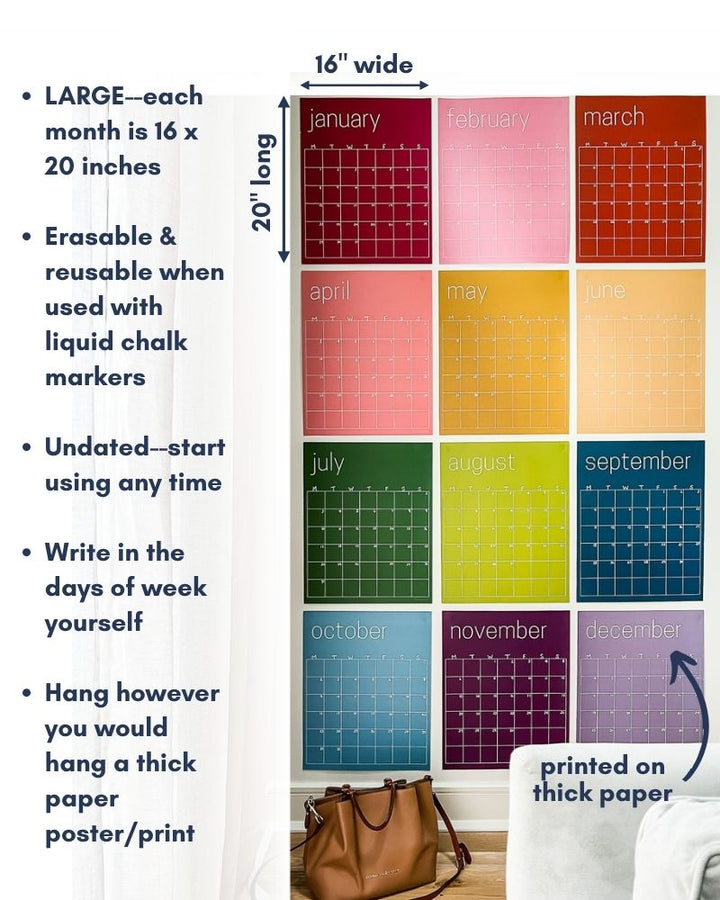 SLIGHTLY IMPERFECT Reusable Large Wall Calendar in Rainbow