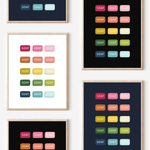 Framed art prints featuring minimalist illustrations of Bars of Soap in rainbow hues on black, navy blue and white backgrounds.
