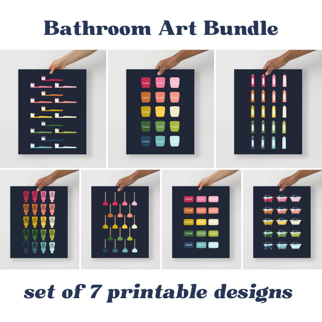 Colorful Bathroom Art Printable Bundle | 7 Designs |  Navy Background