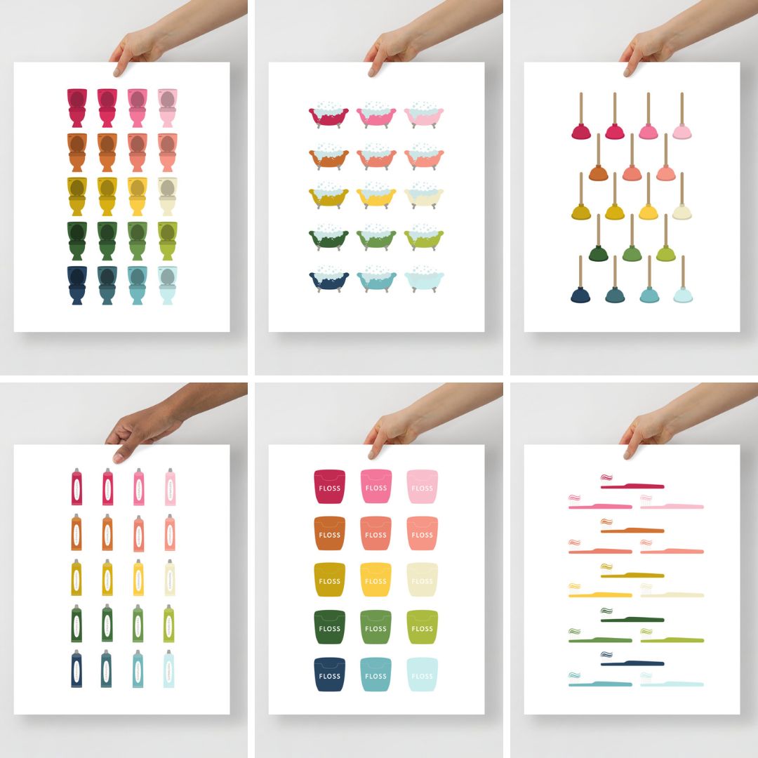 Colorful Bathroom Art Printable Bundle | 7 Designs |  White Background