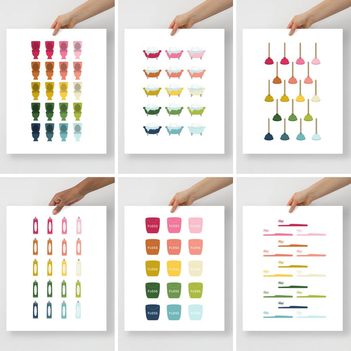 Colorful Bathroom Art Printable Bundle | 7 Designs |  White Background