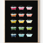 Modern wall art print featuring colorful clawfoot bathtubs with bubbles on a black background, playful modern bathroom art.