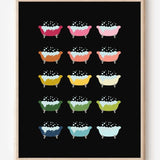 Modern wall art print featuring colorful clawfoot bathtubs with bubbles on a black background, playful modern bathroom art.