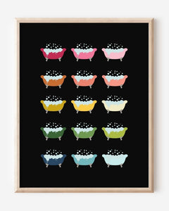 Modern wall art print featuring colorful clawfoot bathtubs with bubbles on a black background, playful modern bathroom art.