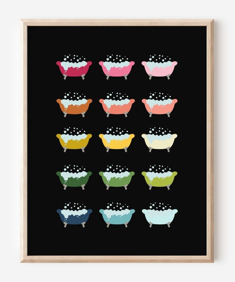 Modern wall art print featuring colorful clawfoot bathtubs with bubbles on a black background, playful modern bathroom art.