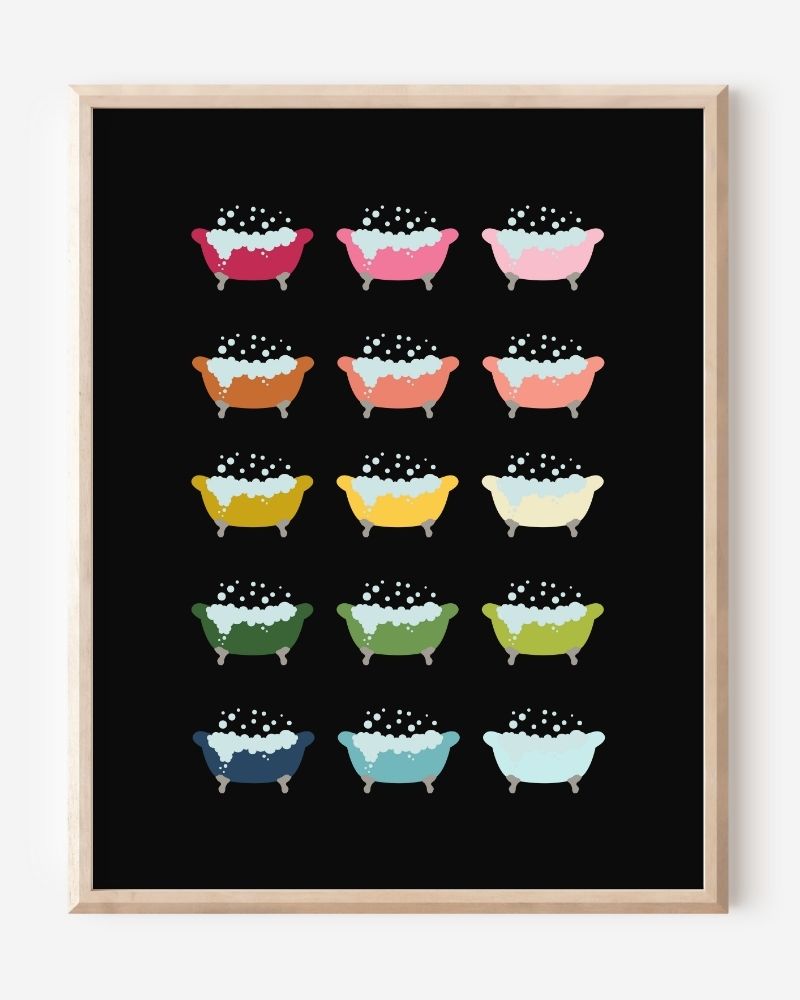 Modern wall art print featuring colorful clawfoot bathtubs with bubbles on a black background, playful modern bathroom art.
