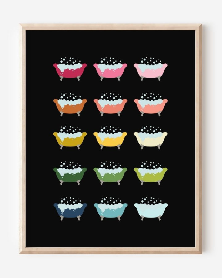 Modern wall art print featuring colorful clawfoot bathtubs with bubbles on a black background, playful modern bathroom art.