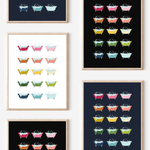 Framed art prints featuring minimalist illustrations of Bathtubs in rainbow hues on black, navy blue and white backgrounds.