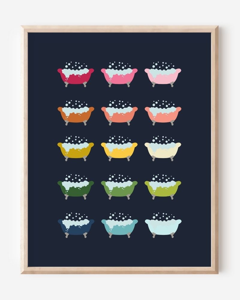Modern wall art print featuring colorful clawfoot bathtubs with bubbles on a navy background, playful modern bathroom art.