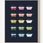 Modern wall art print featuring colorful clawfoot bathtubs with bubbles on a navy background, playful modern bathroom art.