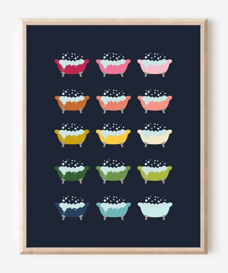 Modern wall art print featuring colorful clawfoot bathtubs with bubbles on a navy background, playful modern bathroom art.
