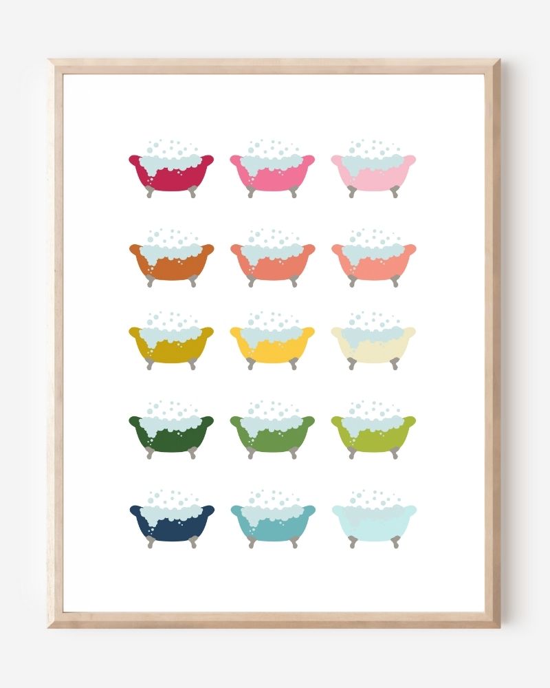 Modern wall art print featuring colorful clawfoot bathtubs with bubbles on a white background, playful modern bathroom art.