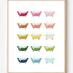 Modern wall art print featuring colorful clawfoot bathtubs with bubbles on a white background, playful modern bathroom art.