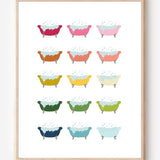 Modern wall art print featuring colorful clawfoot bathtubs with bubbles on a white background, playful modern bathroom art.