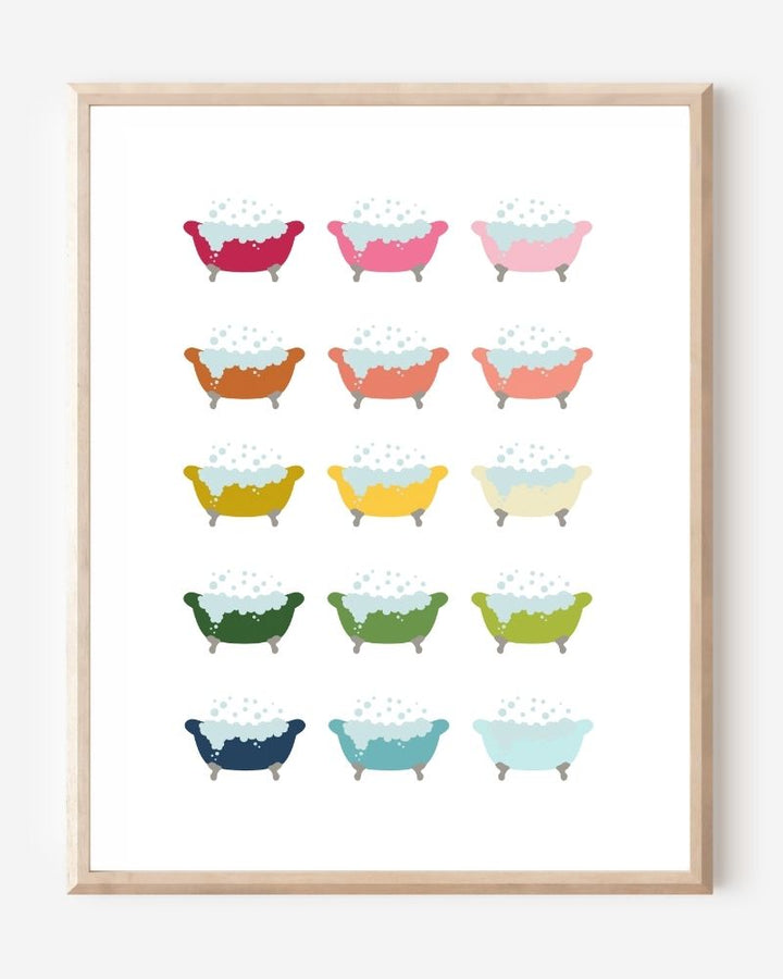 Modern wall art print featuring colorful clawfoot bathtubs with bubbles on a white background, playful modern bathroom art.