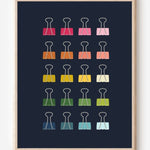 Modern art print of colorful binder clips in rainbow hues arranged in a minimalist grid on a navy background.