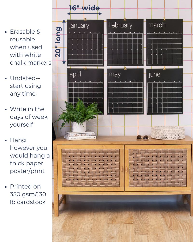 photo of large black reusable wall calendar with text overlay including product measurements and features of product