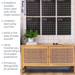 photo of large black reusable wall calendar with text overlay including product measurements and features of product