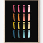 Graphic art print featuring rows of colorful clothespins on a black background in a clean minimalist design, ideal for laundry room decor.