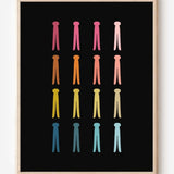 Graphic art print featuring rows of colorful clothespins on a black background in a clean minimalist design, ideal for laundry room decor.