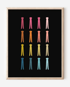 Graphic art print featuring rows of colorful clothespins on a black background in a clean minimalist design, ideal for laundry room decor.