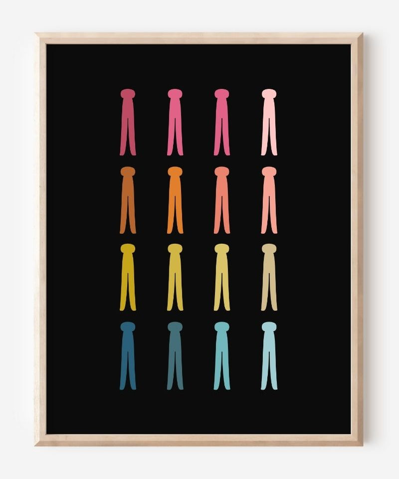 Graphic art print featuring rows of colorful clothespins on a black background in a clean minimalist design, ideal for laundry room decor.