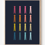 Graphic art print featuring rows of colorful clothespins on a navy background in a clean minimalist design, ideal for laundry room decor.