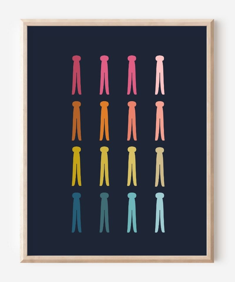 Graphic art print featuring rows of colorful clothespins on a navy background in a clean minimalist design, ideal for laundry room decor.