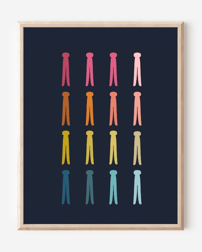 Graphic art print featuring rows of colorful clothespins on a navy background in a clean minimalist design, ideal for laundry room decor.