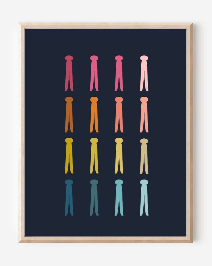 Graphic art print featuring rows of colorful clothespins on a navy background in a clean minimalist design, ideal for laundry room decor.