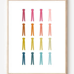Graphic art print featuring rows of colorful clothespins on a white background in a clean minimalist design, ideal for laundry room decor.