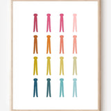 Graphic art print featuring rows of colorful clothespins on a white background in a clean minimalist design, ideal for laundry room decor.