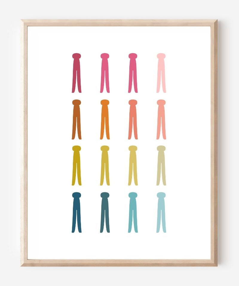 Graphic art print featuring rows of colorful clothespins on a white background in a clean minimalist design, ideal for laundry room decor.