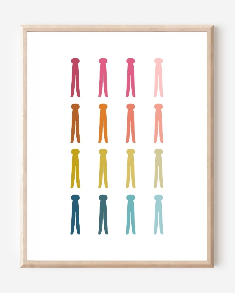 Graphic art print featuring rows of colorful clothespins on a white background in a clean minimalist design, ideal for laundry room decor.
