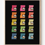 Modern art print featuring graphic colorful coffee makers in a minimalist grid on a black background, a cheerful wall art piece for kitchen decor.