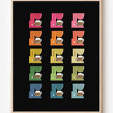 Modern art print featuring graphic colorful coffee makers in a minimalist grid on a black background, a cheerful wall art piece for kitchen decor.